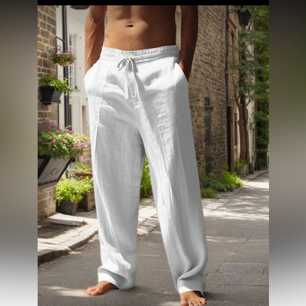 Men's White Linen Drawstring Pants